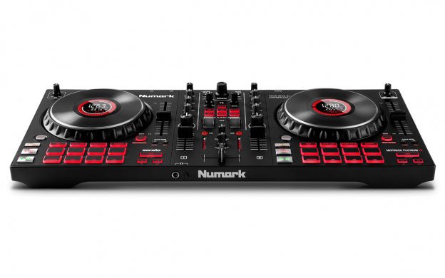 Numark Mixtrack Platinum FX 4 Kenya low front-angle view showing full controller layout and red-backlit pads