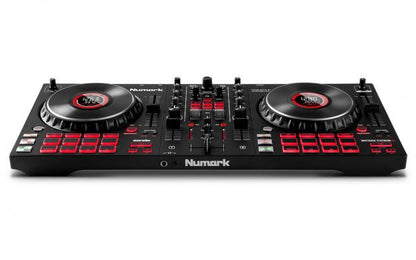 Numark Mixtrack Platinum FX 4 Kenya low front-angle view showing full controller layout and red-backlit pads
