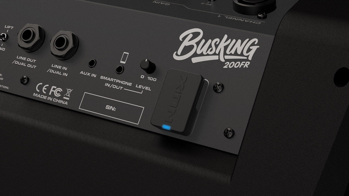 NUX Busking 200FR PA Kenya rear panel close-up with AUX In, Smartphone input, Level knob and wireless receiver