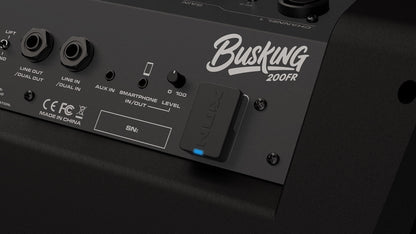 NUX Busking 200FR PA Kenya rear panel close-up with AUX In, Smartphone input, Level knob and wireless receiver