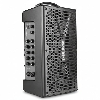 NUX Busking 200FR portable PA Kenya 3/4 angle on white showing side control panel, speaker grille and NUX logo
