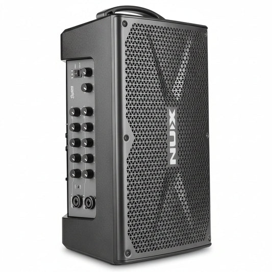 NUX Busking 200FR portable PA Kenya 3/4 angle on white showing side control panel, speaker grille and NUX logo