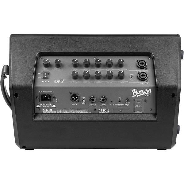 NUX Busking 200FR PA Kenya rear panel on white showing all knobs, power socket and XLR output