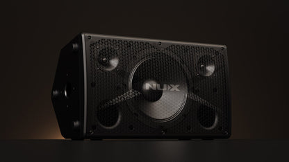 NUX Busking 200FR PA Kenya front 3/4 view on dark background with speaker grille and NUX logo