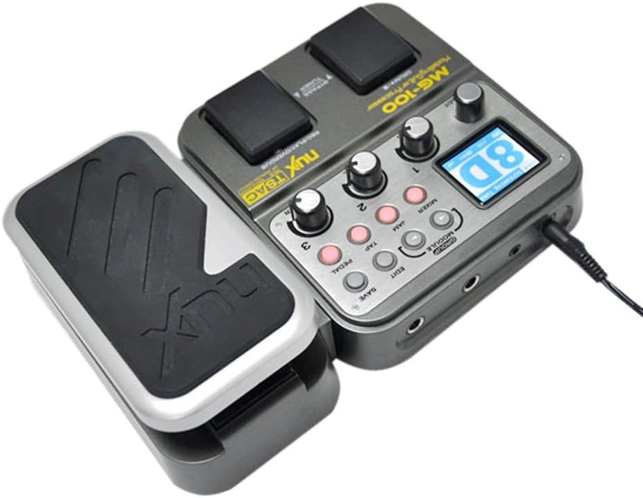 NUX MG-100 guitar processor Kenya — left-angle view with cable connected, showing full control layout and pedal