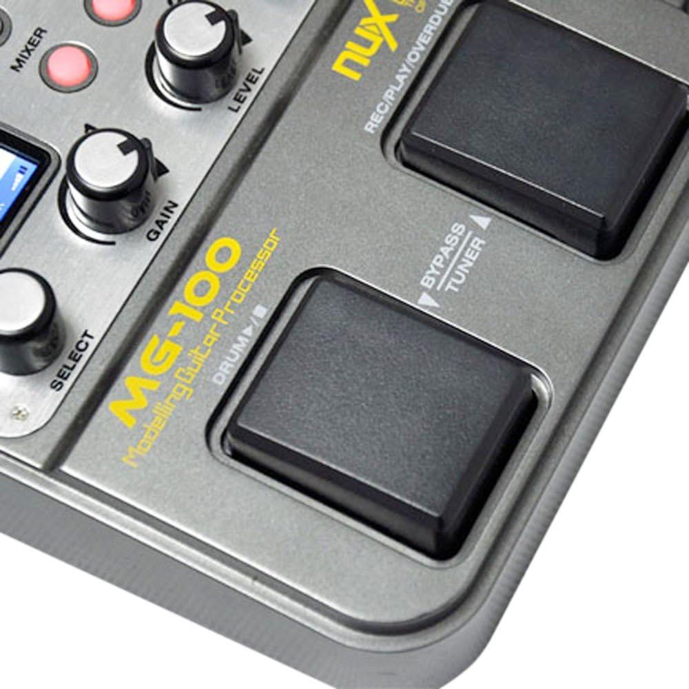 NUX MG-100 guitar processor Kenya — close-up of top panel showing MG-100 logo, REC/PLAY/OVERDUB and DRUM footswitches