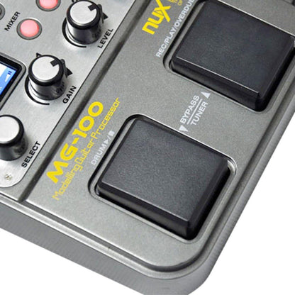 NUX MG-100 guitar processor Kenya — close-up of top panel showing MG-100 logo, REC/PLAY/OVERDUB and DRUM footswitches
