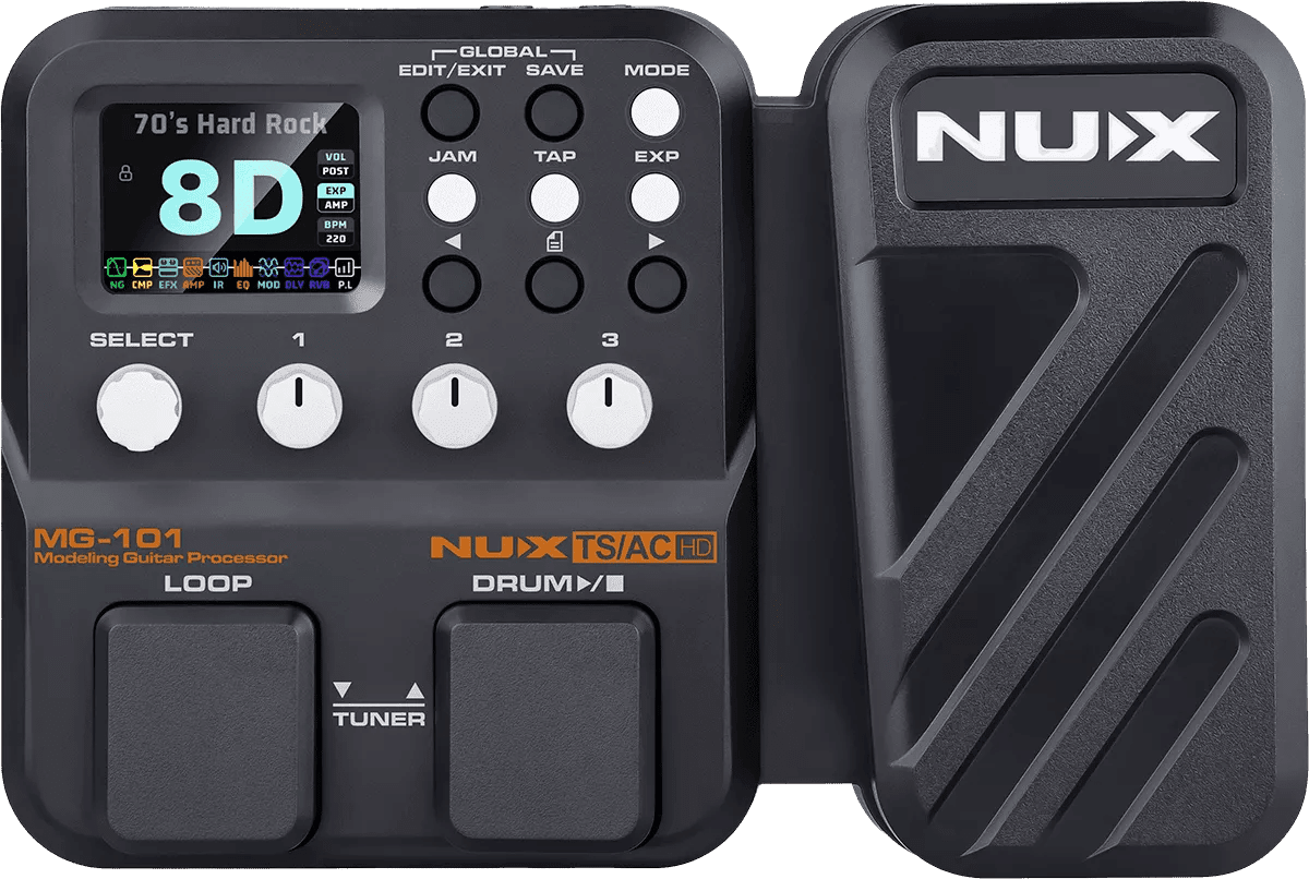 NUX MG-101 guitar processor Kenya — top-down view showing full control layout, color LCD, LOOP and DRUM footswitches
