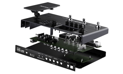 NUX MG-30 Kenya exploded-view diagram showing internal PCB, chassis layers, top panel, and rear I/O panel components