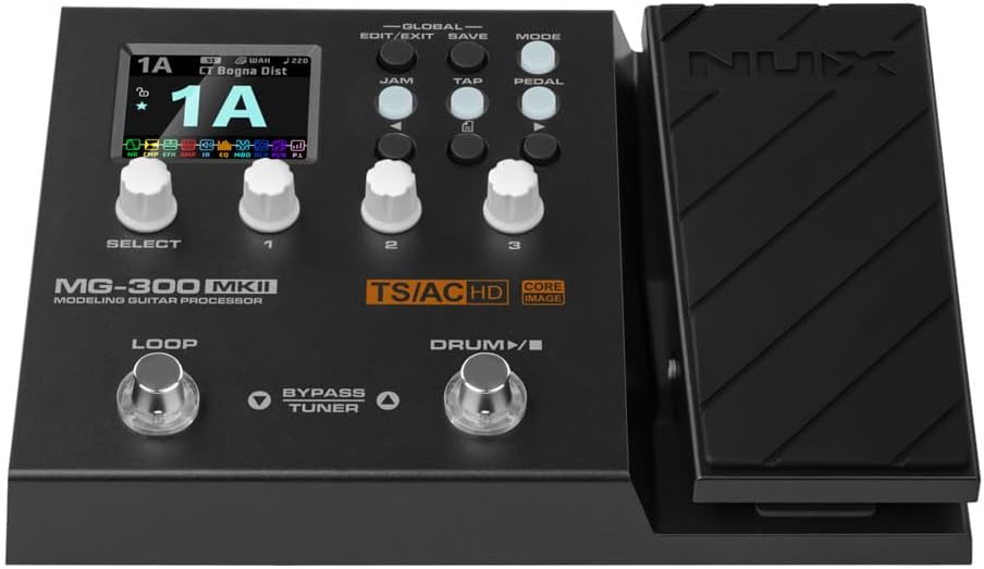 NUX MG-300 Kenya MKII three-quarter front view with color display showing patch 1A, expression pedal and TS/AC HD badge