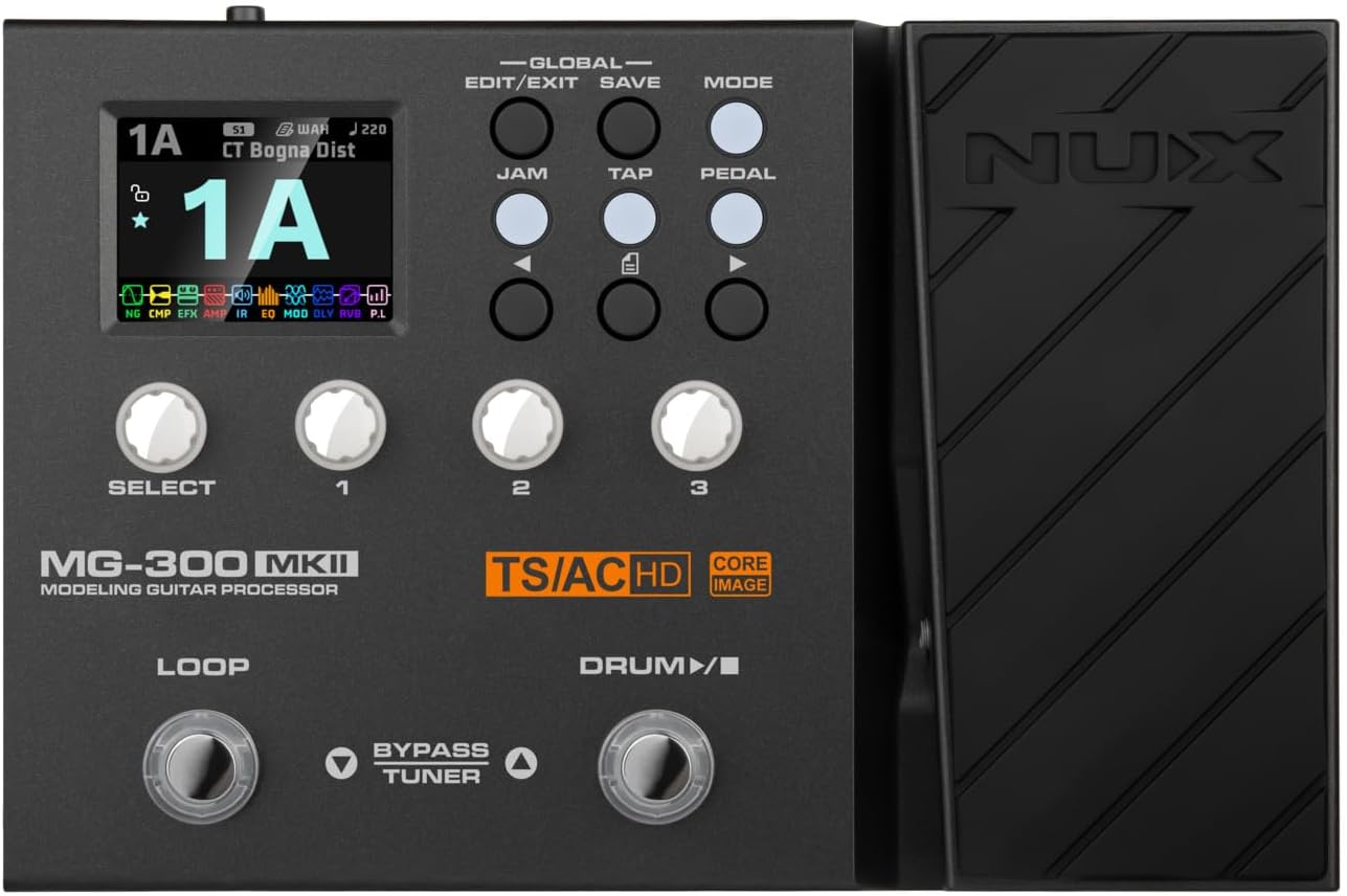 NUX MG-300 Kenya MKII front view showing color display, SELECT knobs, LOOP and DRUM footswitches, expression pedal