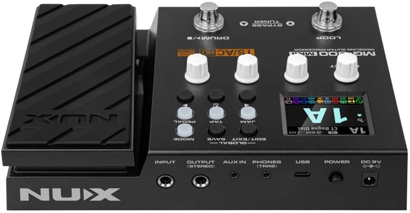 NUX MG-300 Kenya MKII rear-angle view showing I/O panel with INPUT, OUTPUT, AUX IN, PHONES, USB and DC 9V ports