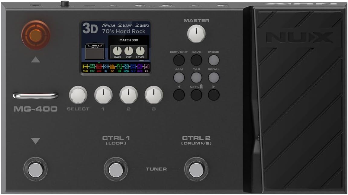 NUX MG-400 guitar processor Kenya — straight-on top view showing full control layout, LCD and expression pedal