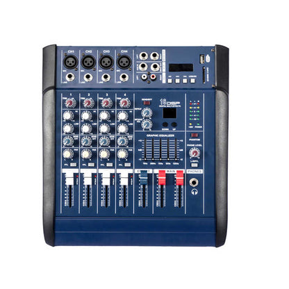 OMax 4-channel powered mixer Kenya front panel showing 4 XLR inputs, DSP display, graphic EQ, faders and phantom power