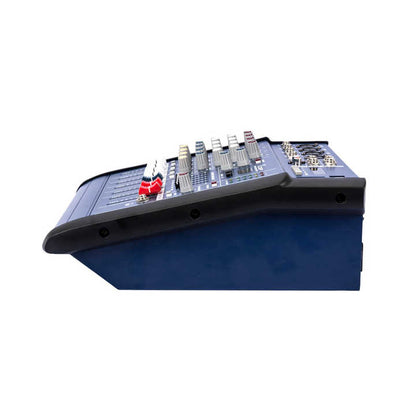 OMax 4-channel powered mixer Kenya rear-angle view showing compact chassis depth, faders and main output section