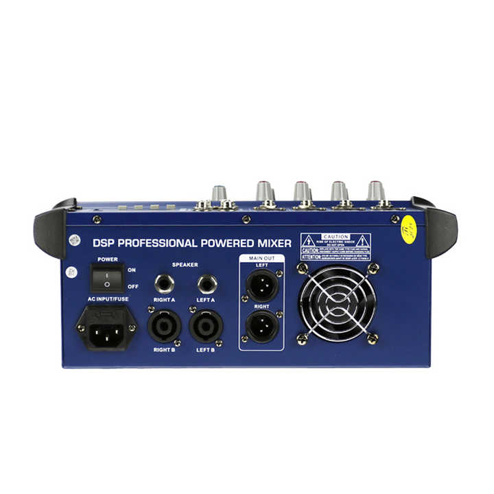 OMax 4-channel powered mixer Kenya rear panel showing speaker outputs, XLR main out, AC input fuse, power switch and cooling fan