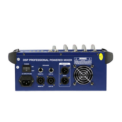 OMax 4-channel powered mixer Kenya rear panel showing speaker outputs, XLR main out, AC input fuse, power switch and cooling fan