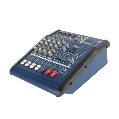 OMax 4-channel powered mixer Kenya three-quarter front view showing channel knobs, EQ sliders, Bluetooth USB section and XLR inputs