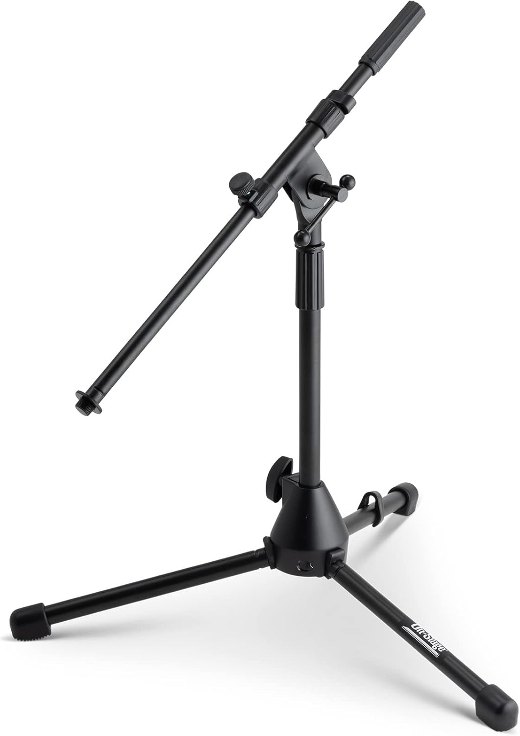 On-Stage tripod mic stand Kenya — low-profile front view with boom arm extended horizontally and mic clip adapte