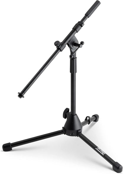 On-Stage tripod mic stand Kenya — low-profile front view with boom arm extended horizontally and mic clip adapte