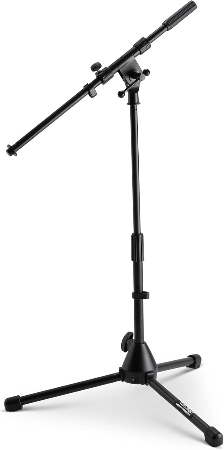 On Stage tripod mic stand Kenya — angled side view showing boom arm tilted downward at 45 degrees over tripod base