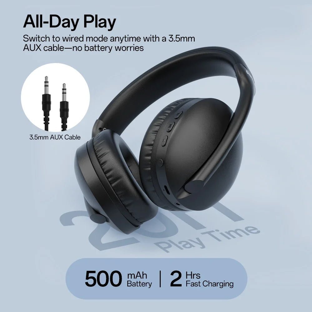 OneOdio SuperEQ S6001 Kenya folded over-ear view showing 3.5mm AUX cable, 500mAh battery and 2-hour fast charging