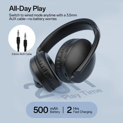 OneOdio SuperEQ S6001 Kenya folded over-ear view showing 3.5mm AUX cable, 500mAh battery and 2-hour fast charging