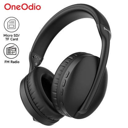 OneOdio SuperEQ S6001 Kenya black over-ear headphones front angle showing Micro SD and FM Radio feature icons