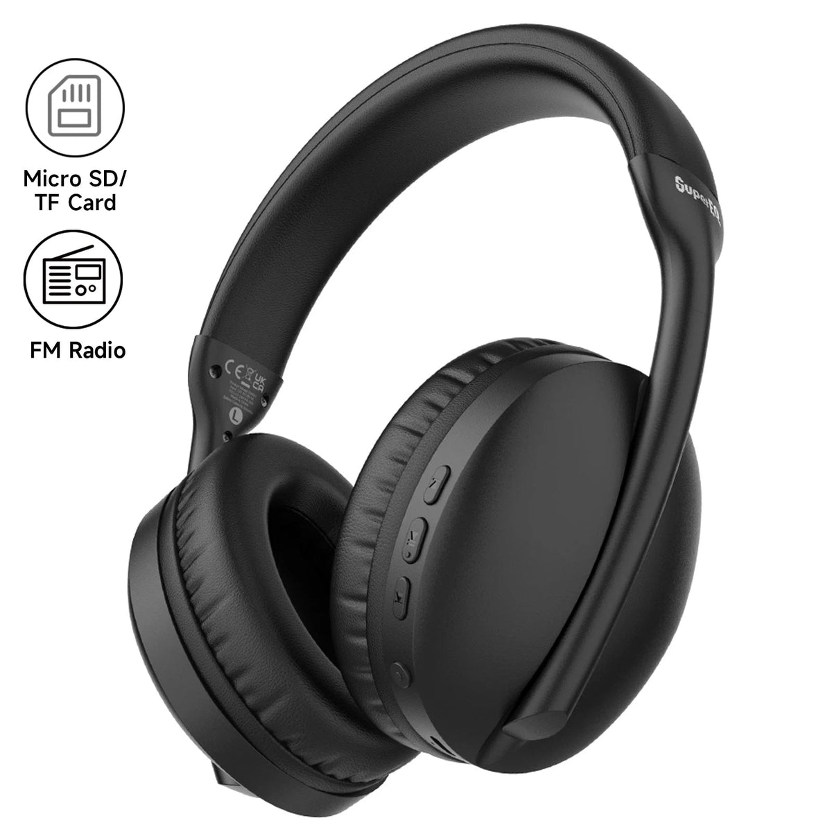 OneOdio SuperEQ S6001 Kenya black over-ear headphones side profile on white background with Micro SD and FM Radio icons`
