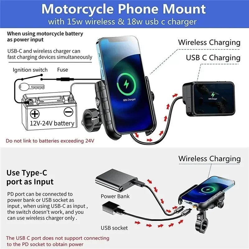 Opansten Motorcycle Phone Holder Wireless Charger – Universal Handlebar Mount with USB Fast Charging for Moto and Motorbike - ZAMAR AUDIO SOLUTIONS