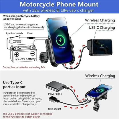Opansten Motorcycle Phone Holder Wireless Charger – Universal Handlebar Mount with USB Fast Charging for Moto and Motorbike - ZAMAR AUDIO SOLUTIONS