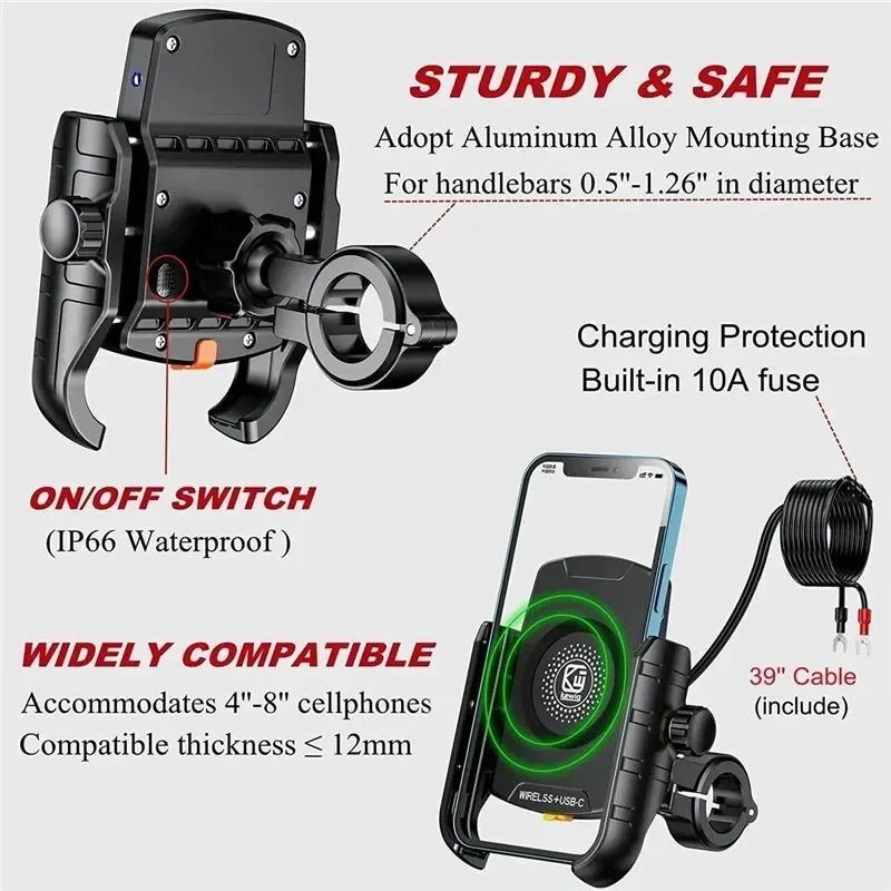 Opansten Motorcycle Phone Holder Wireless Charger – Universal Handlebar Mount with USB Fast Charging for Moto and Motorbike - ZAMAR AUDIO SOLUTIONS