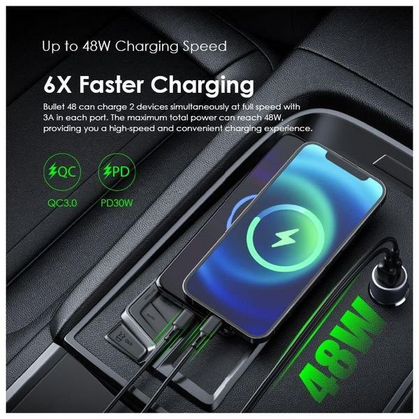 Oraimo OCC-73D fast car charger 48W dual port USB-A QC 3.0 and USB-C PD 30W compact design