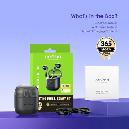 Oraimo FreePods Neo earbuds inside charging case, USB-C fast charge, 40hr battery life Kenya