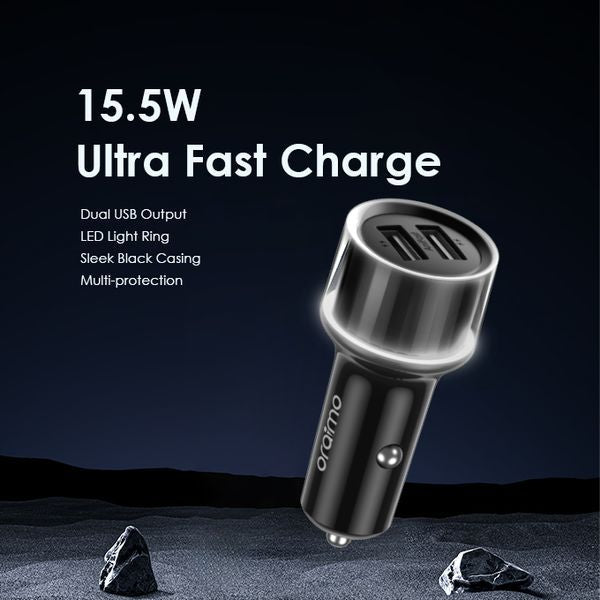 Oraimo Highway 15 car charger Kenya OCC-1152D with X93 3-in-1 cable showing Type-C Micro-USB Lightning tips