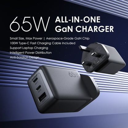 Oraimo HyperGaN 65W charger front view showing USB-C ports and compact GaN body