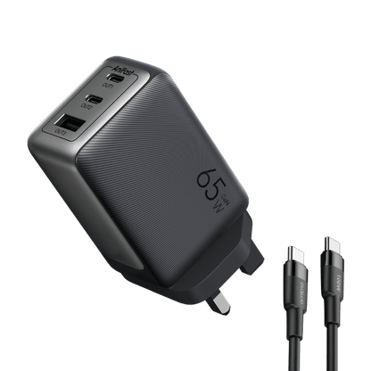 Oraimo HyperGaN 65W charger front view showing USB-C ports and compact GaN body