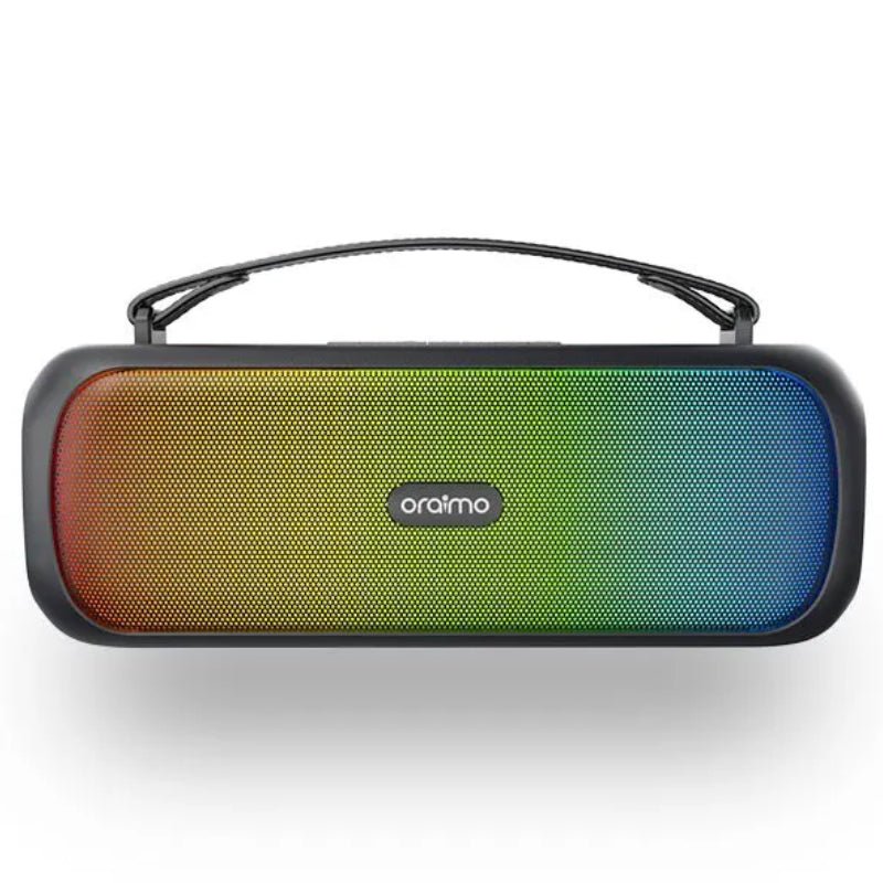 Oraimo OBS-75D Bluetooth speaker front view showing LED lights and HavyBass design, Kenya