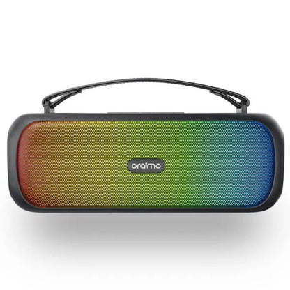 Oraimo OBS-75D Bluetooth speaker front view showing LED lights and HavyBass design, Kenya