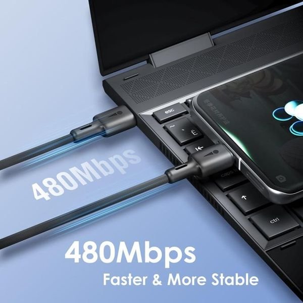 Oraimo OCD-154CC Type-C cable in use charging a laptop — 3A fast charging, 1.5M reach, Kenya delivery