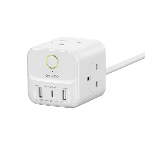 Oraimo OWS-U342 power expansion cube front view showing 3 AC outlets and USB ports — Kenya