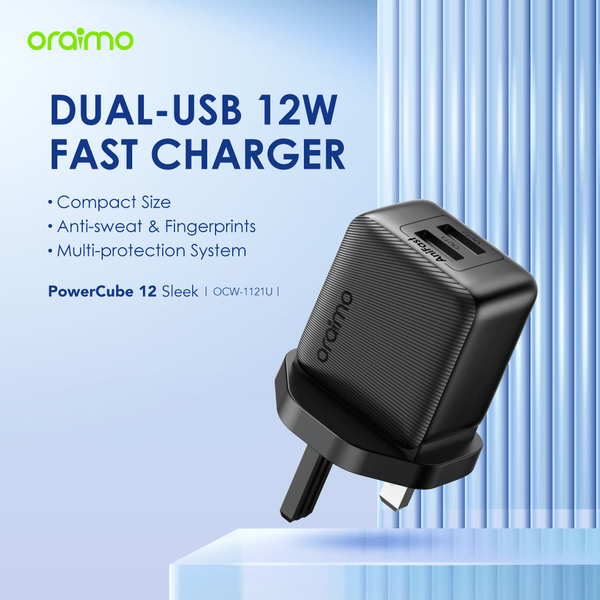 Oraimo PowerCube 12 Kenya OCW-1121U 12W dual-port wall charger with free cable, front view