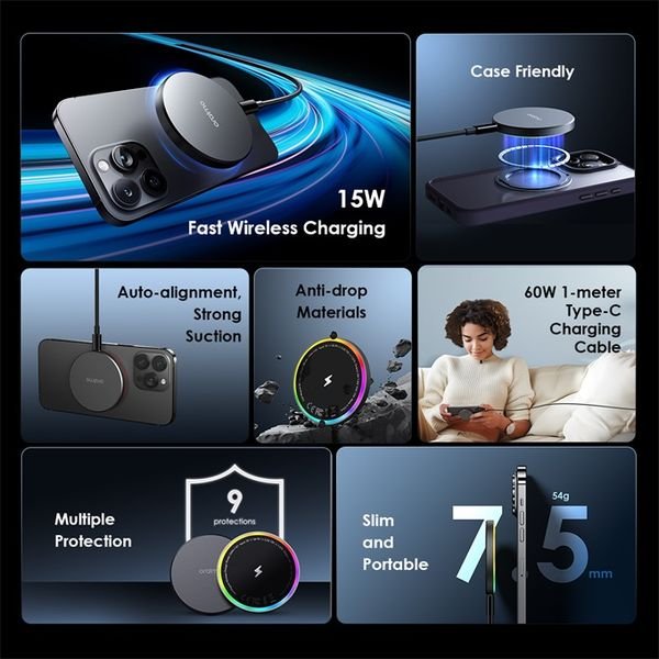 Oraimo OWH-1151 wireless charging pad Kenya — 15W magnetic PowerDock front view, black stainless steel