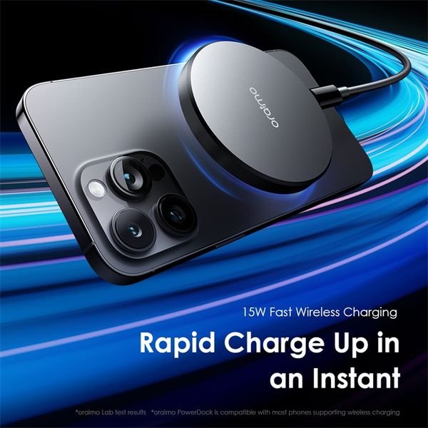 Oraimo OWH-1151 wireless charging pad Kenya — 15W magnetic PowerDock front view, black stainless steel