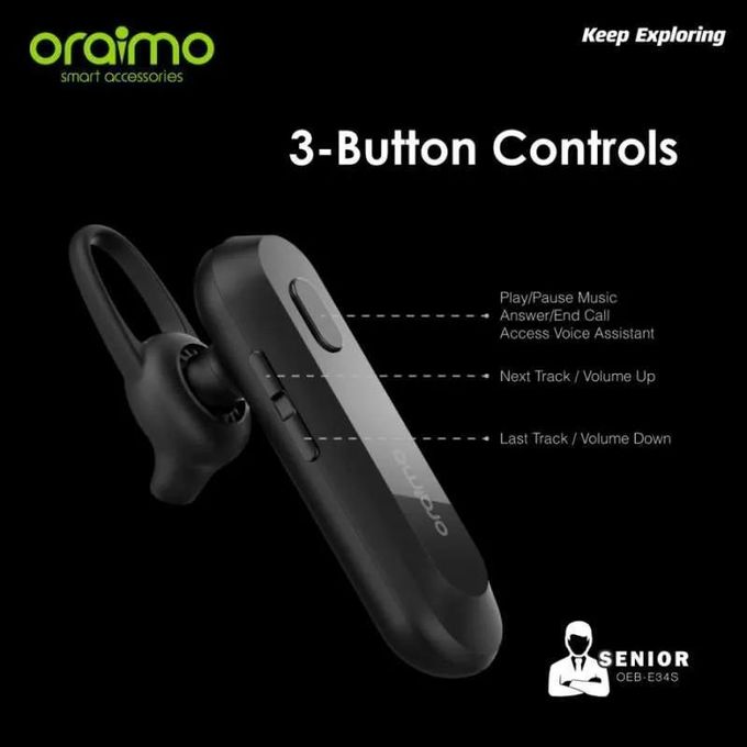 Oraimo Senior 2 OEB-E38S Bluetooth in-ear headset, lightweight wireless design, available in Kenya