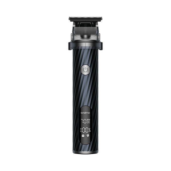 Oraimo SmartTrimmer 2 Pro OTR-280 beard trimmer with metal round casing and digital display, front view