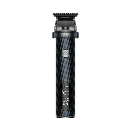 Oraimo SmartTrimmer 2 Pro OTR-280 beard trimmer with metal round casing and digital display, front view