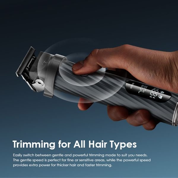 Oraimo SmartTrimmer 2 Pro OTR-280 beard trimmer with metal round casing and digital display, front view
