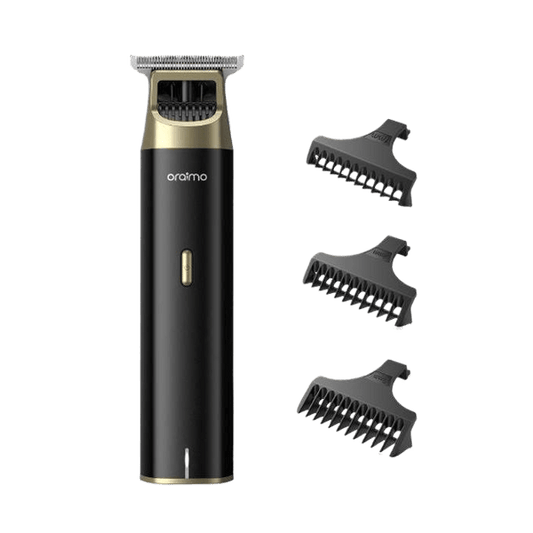 Oraimo TR12 beard trimmer front view showing adjustable speed control and stainless steel blades