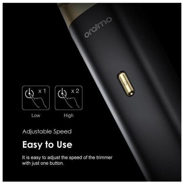 Oraimo TR12 beard trimmer front view showing adjustable speed control and stainless steel blades